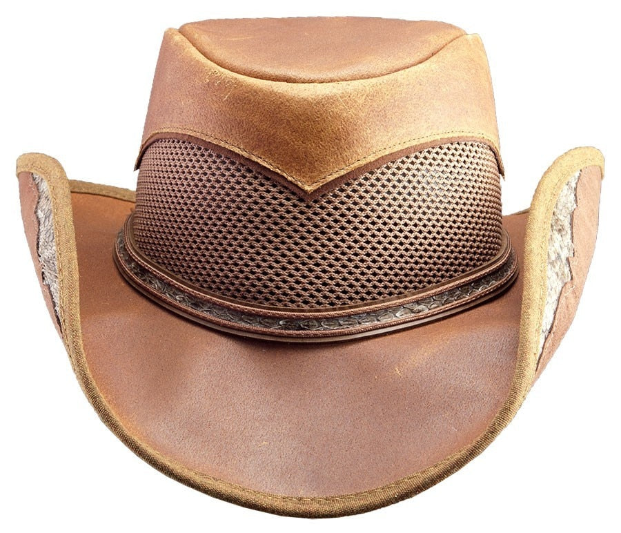 Cheyenne Antique Brown Leather with Rattle Snake Skin Trim - RMOHATS